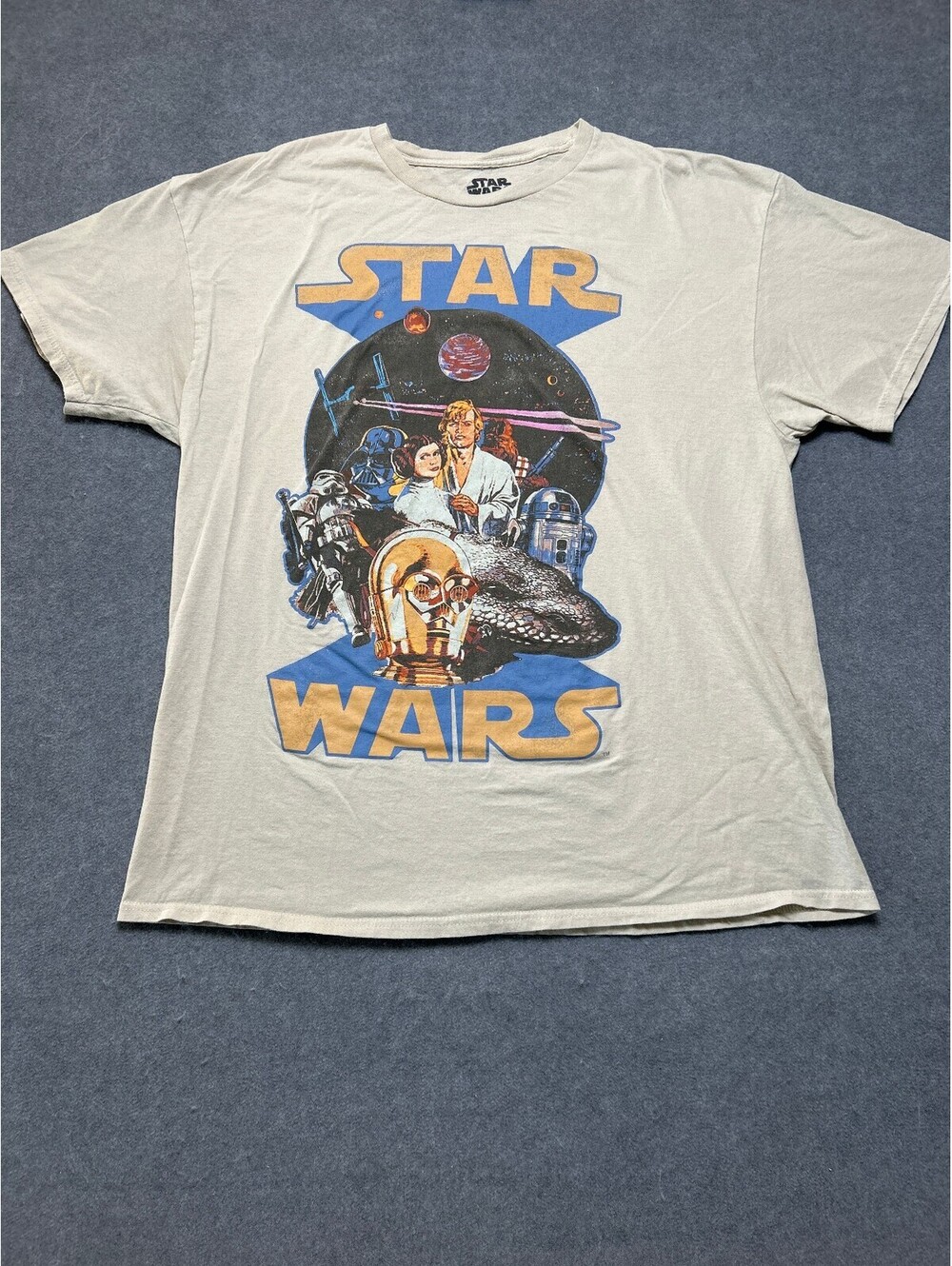 Star Wars Graphic T Shirt Mens XL Beige Character Collage Darth Vader C3PO R2D2